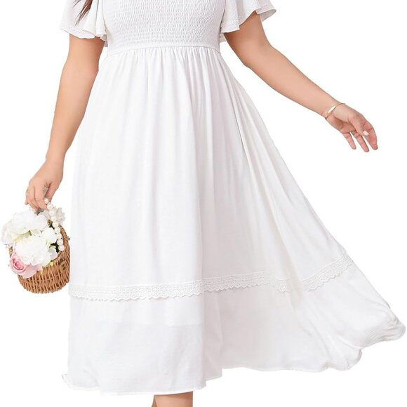 Plus Size Maxi Dress Boho Lace Trim Short Sleeve Flowy Formal Wedding Guest - Picture 1 of 5